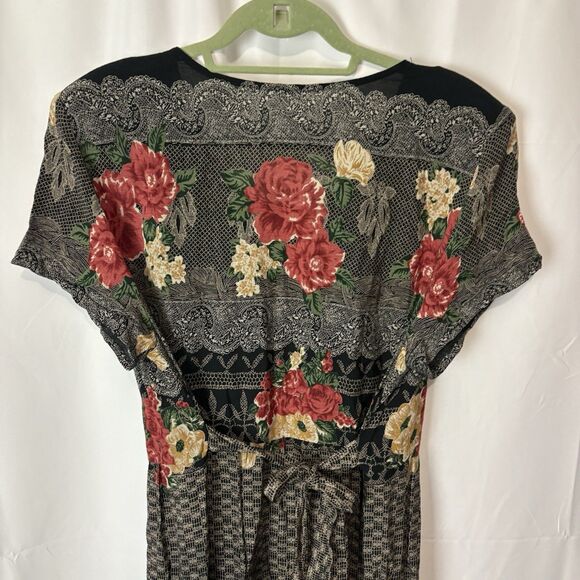 Vintage 80s/90s Floral Midi Dress Button Front Cottagecore Tie Back Babydoll Lrg - Picture 4 of 5